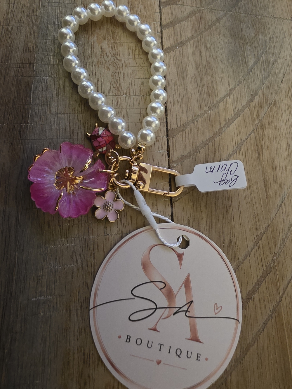 Handmade Pink Floral & Pearl Wristlet Bag Charm 🌸